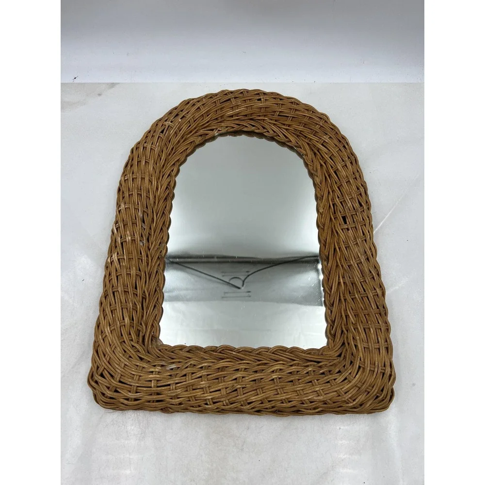 Vintage Wicker Rattan Mirror Arched Wall Hanging Boho Decor Natural 16x14in MCM